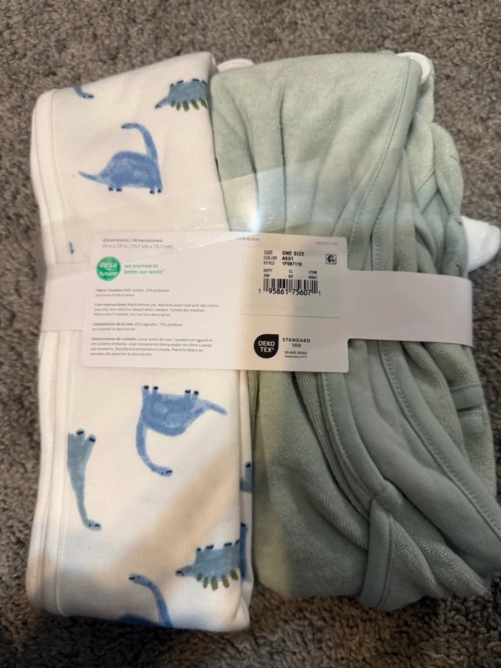 Carter's Sage Green and White Dinosaur Hooded Towel & Washcloth Set